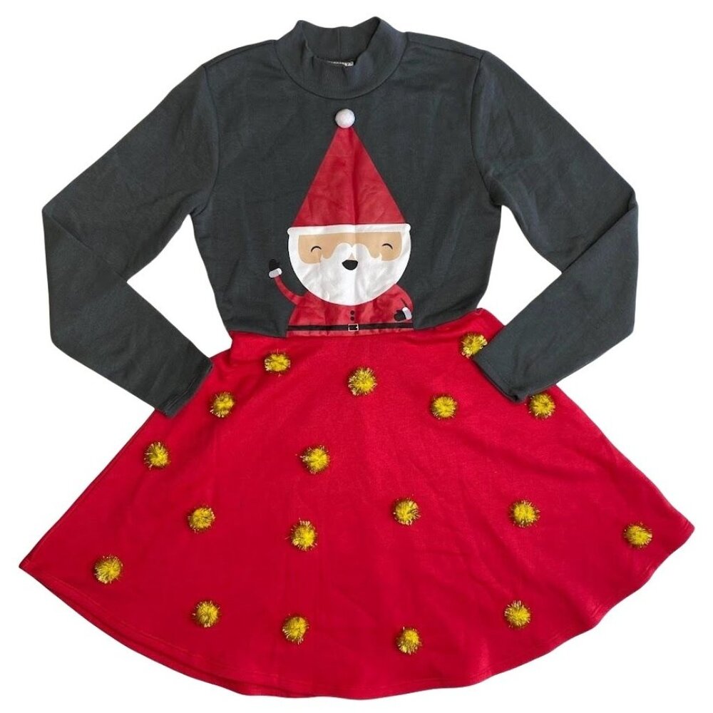 Mighty Fine Dress Women's LARGE Red Grey Cute Santa Holiday Seasonal Pom-Pom NEW